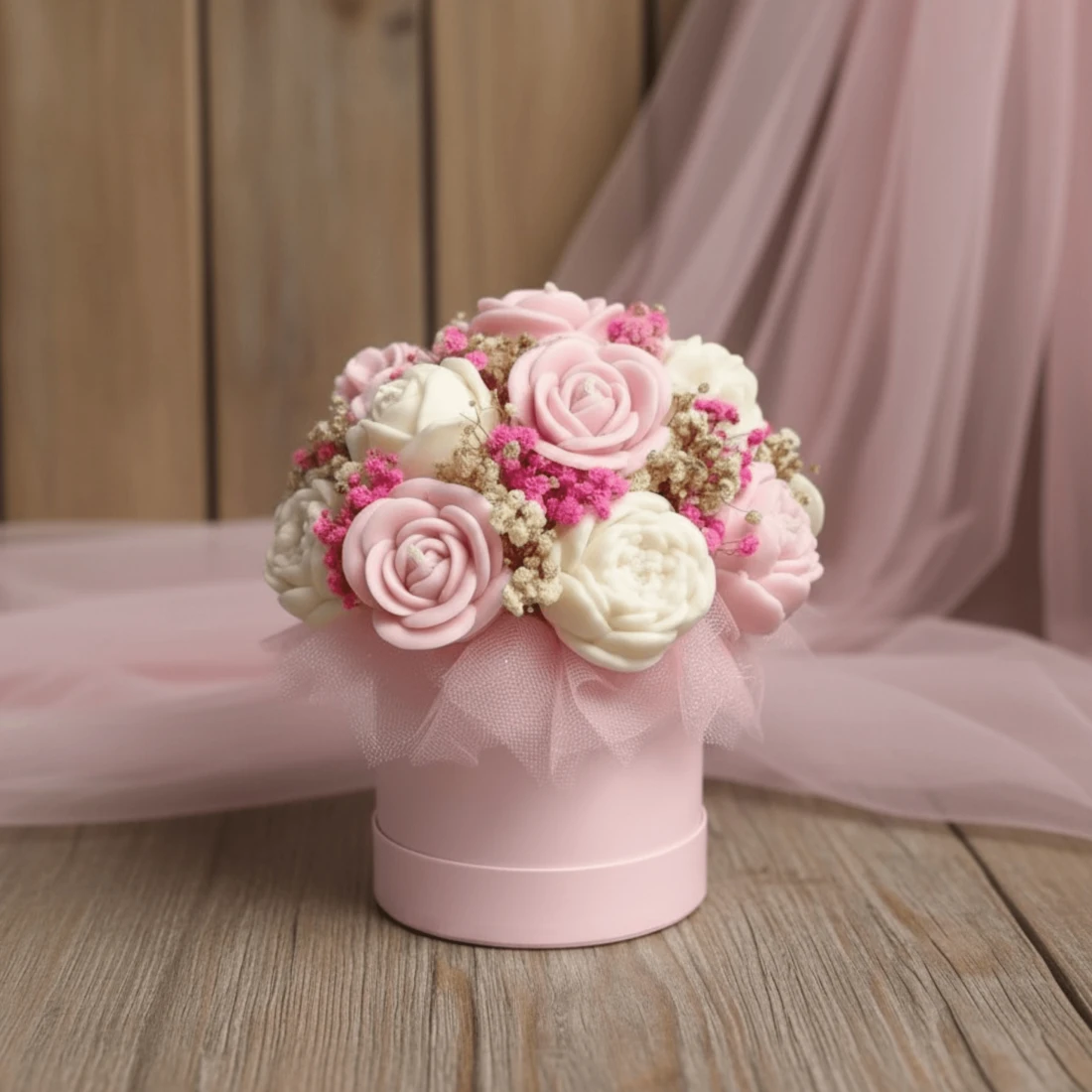 Flower box ze świec sojowych - różowy