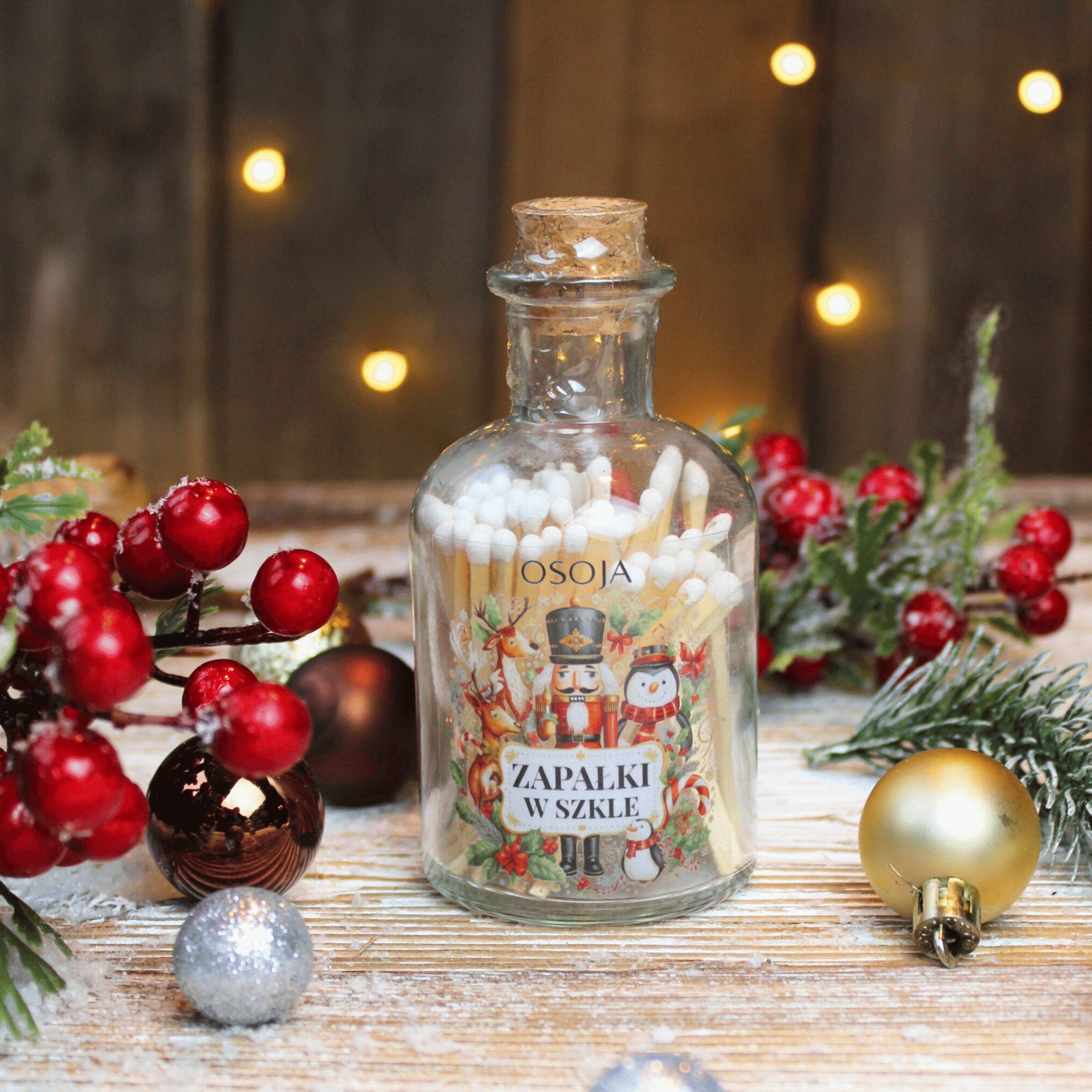 Świąteczne zapałki w szklanej butelce z korkiem