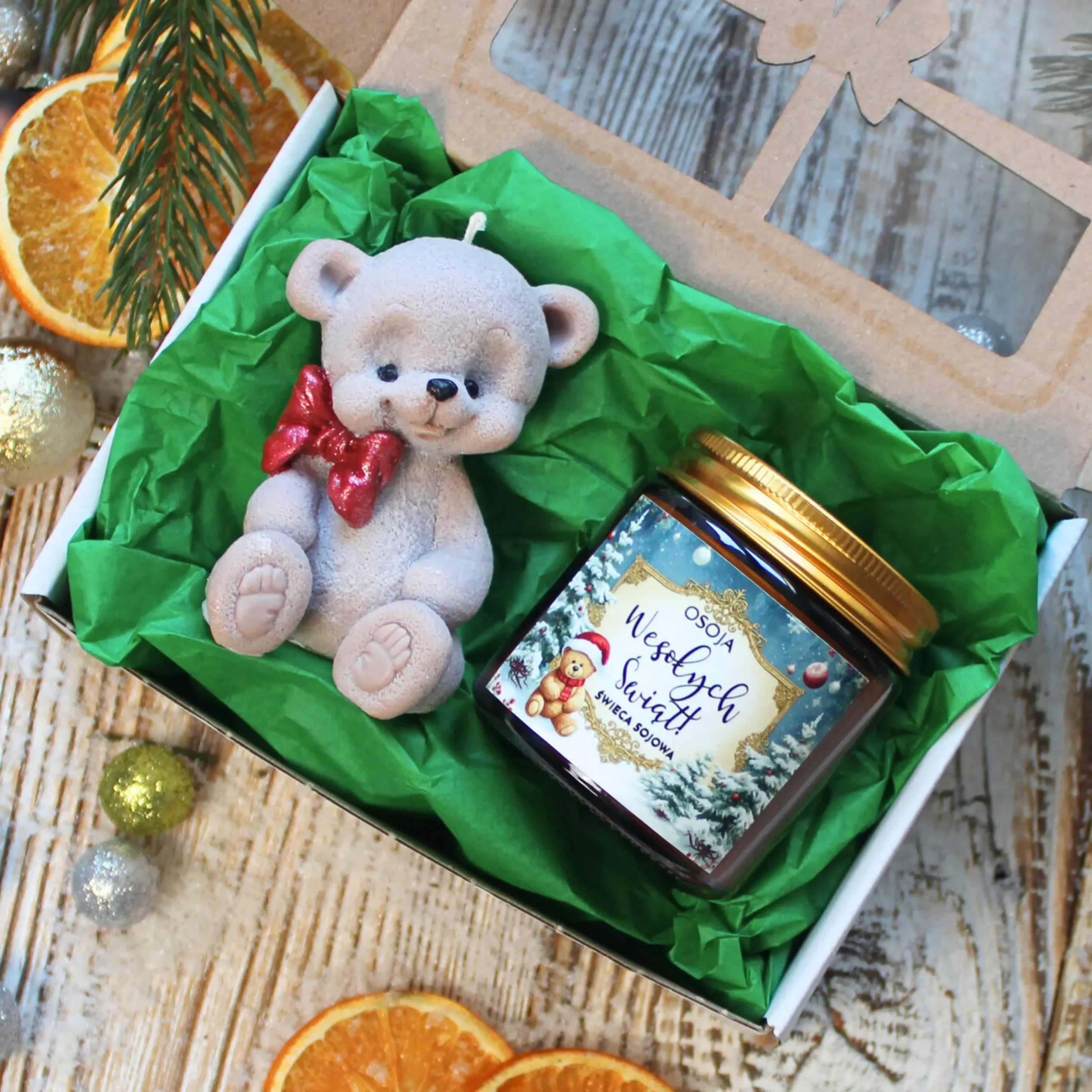 Zestaw prezentowy Miś z kokardą i Świeca Sojowa Wesołych Świąt!