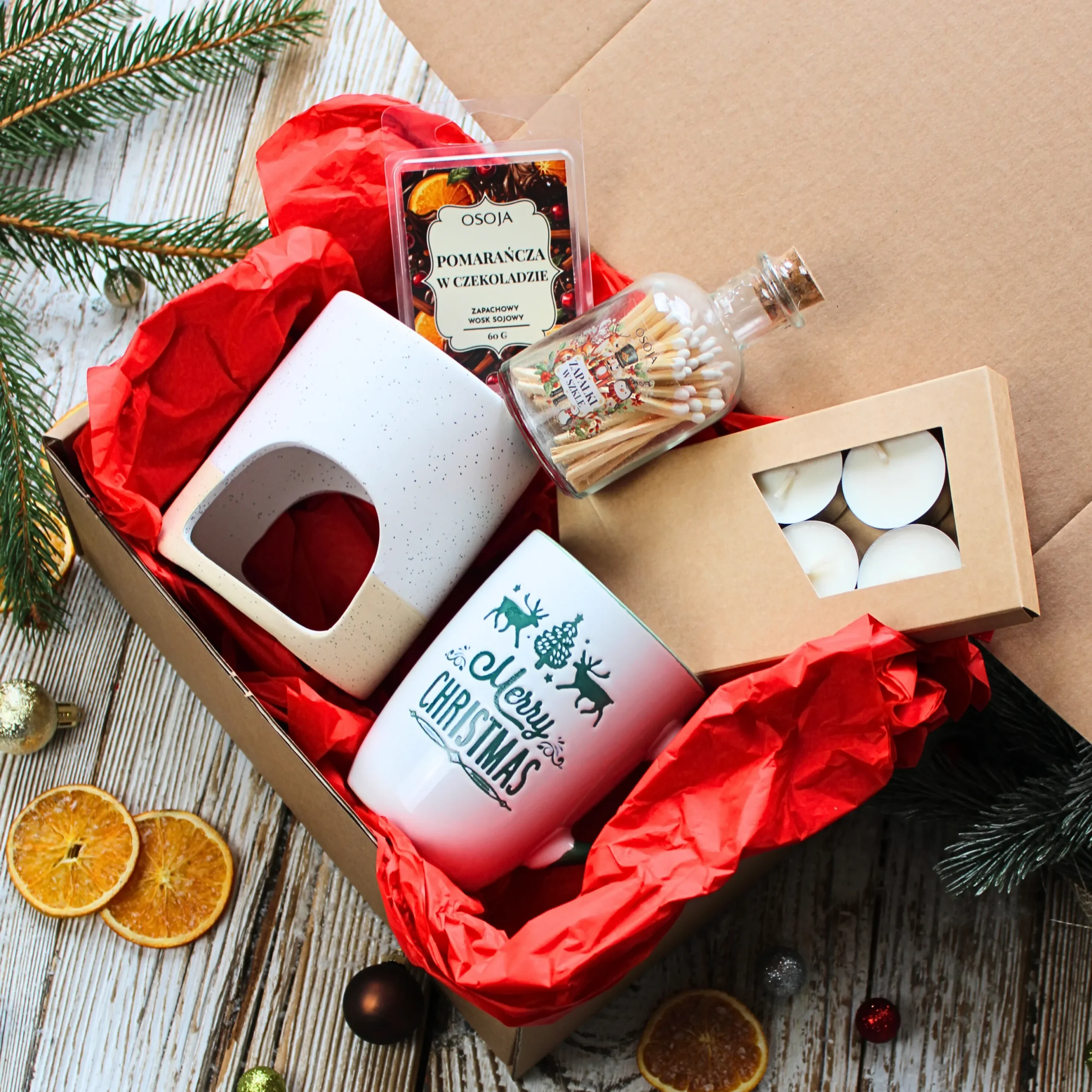 Zestaw prezentowy - kubek, wosk zapachowy, kominek, zapałki i tealighty