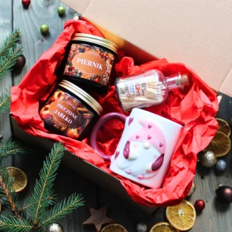 Świąteczny zestaw prezentowy - 2 świece sojowe 250 ml, kubek i zapałki