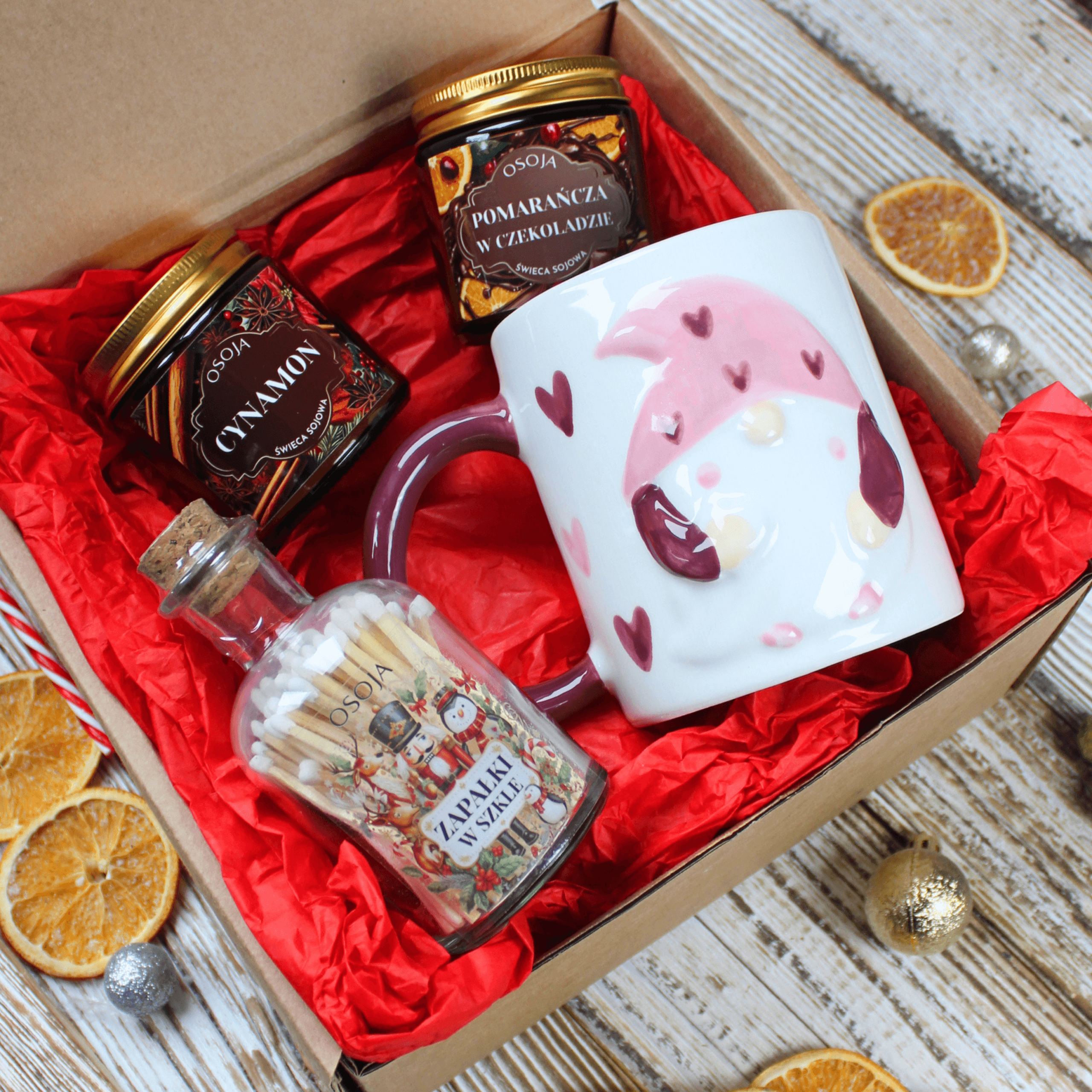 Zestaw Świąteczny kubek, świece sojowe 120 ml i zapałki