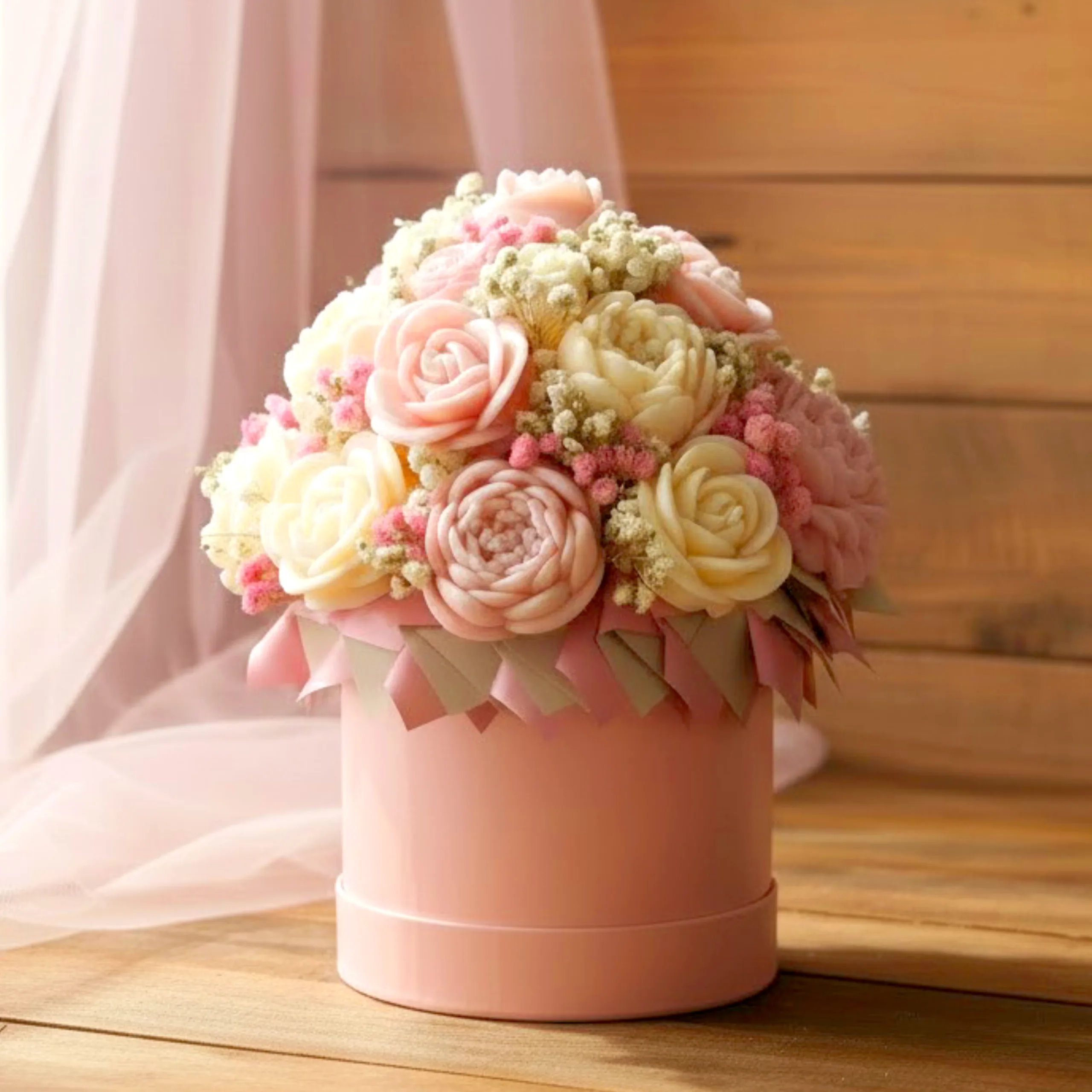 Flower box ze świec sojowych – różowy M