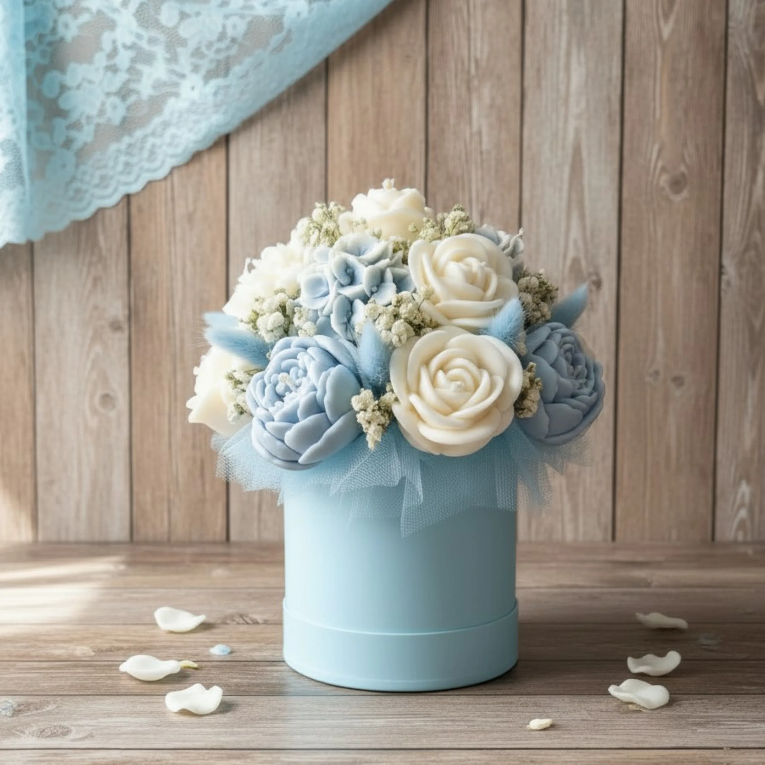 Flower box ze świec sojowych - błękitny