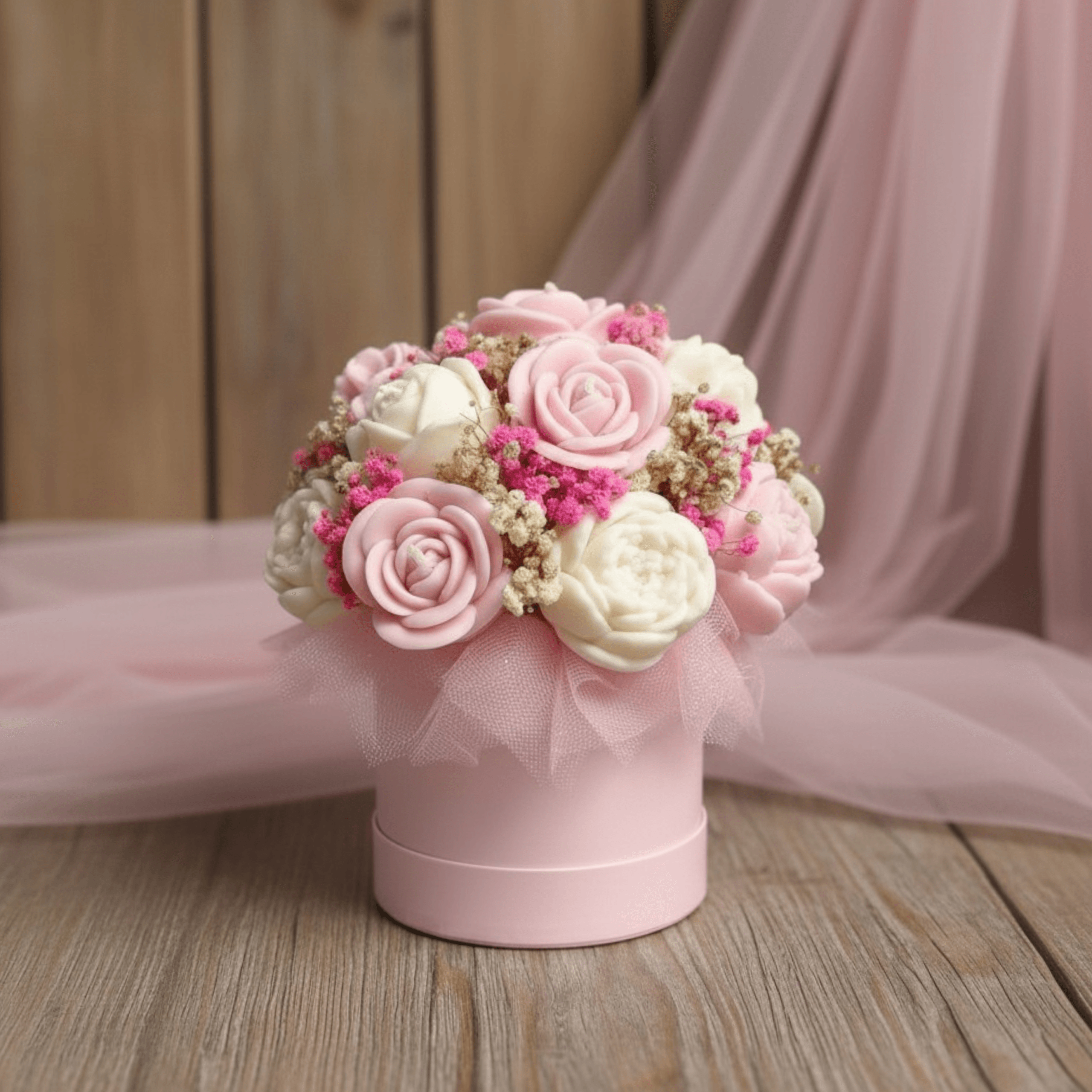 Flower box ze świec sojowych - różowy