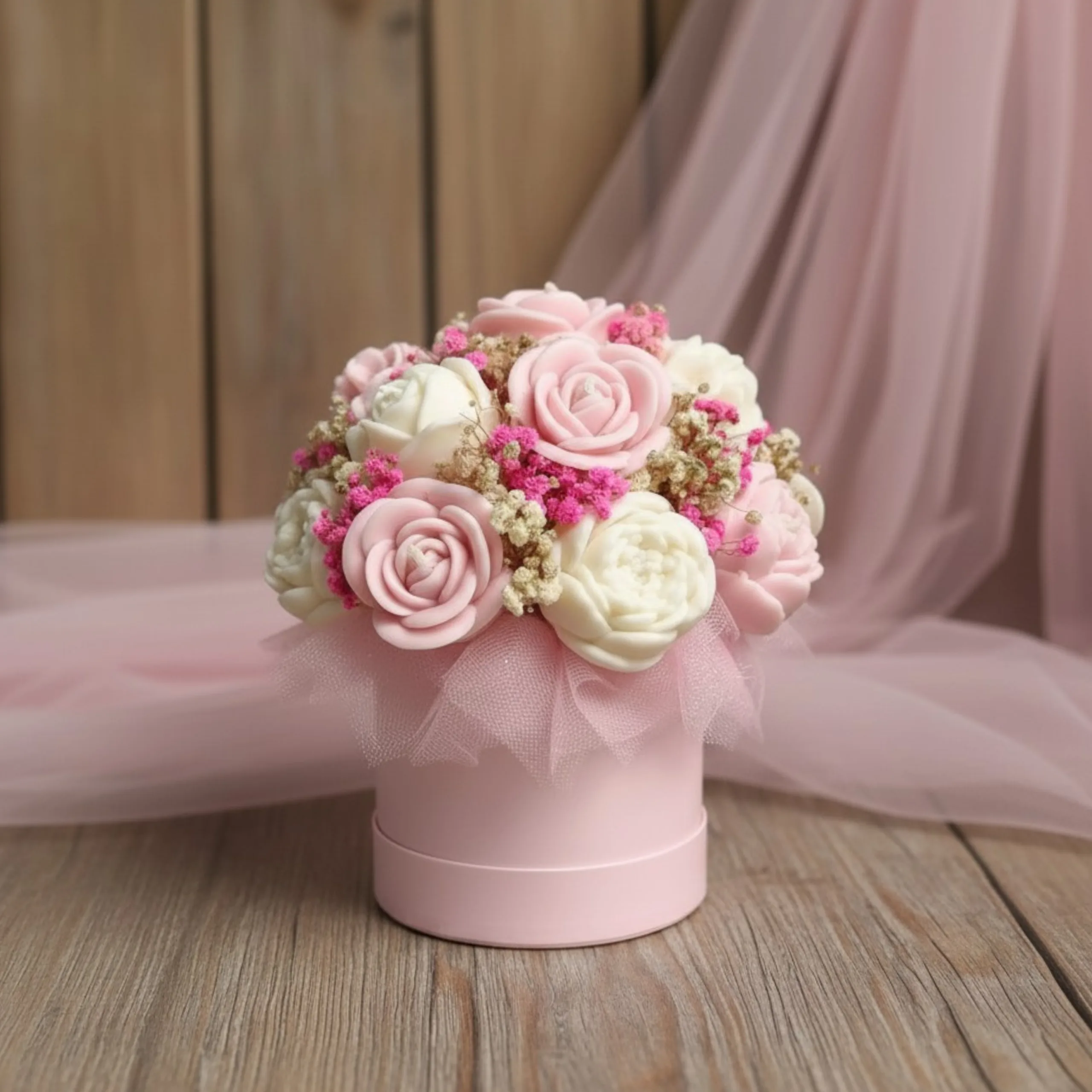 Flower box ze świec sojowych - różowy