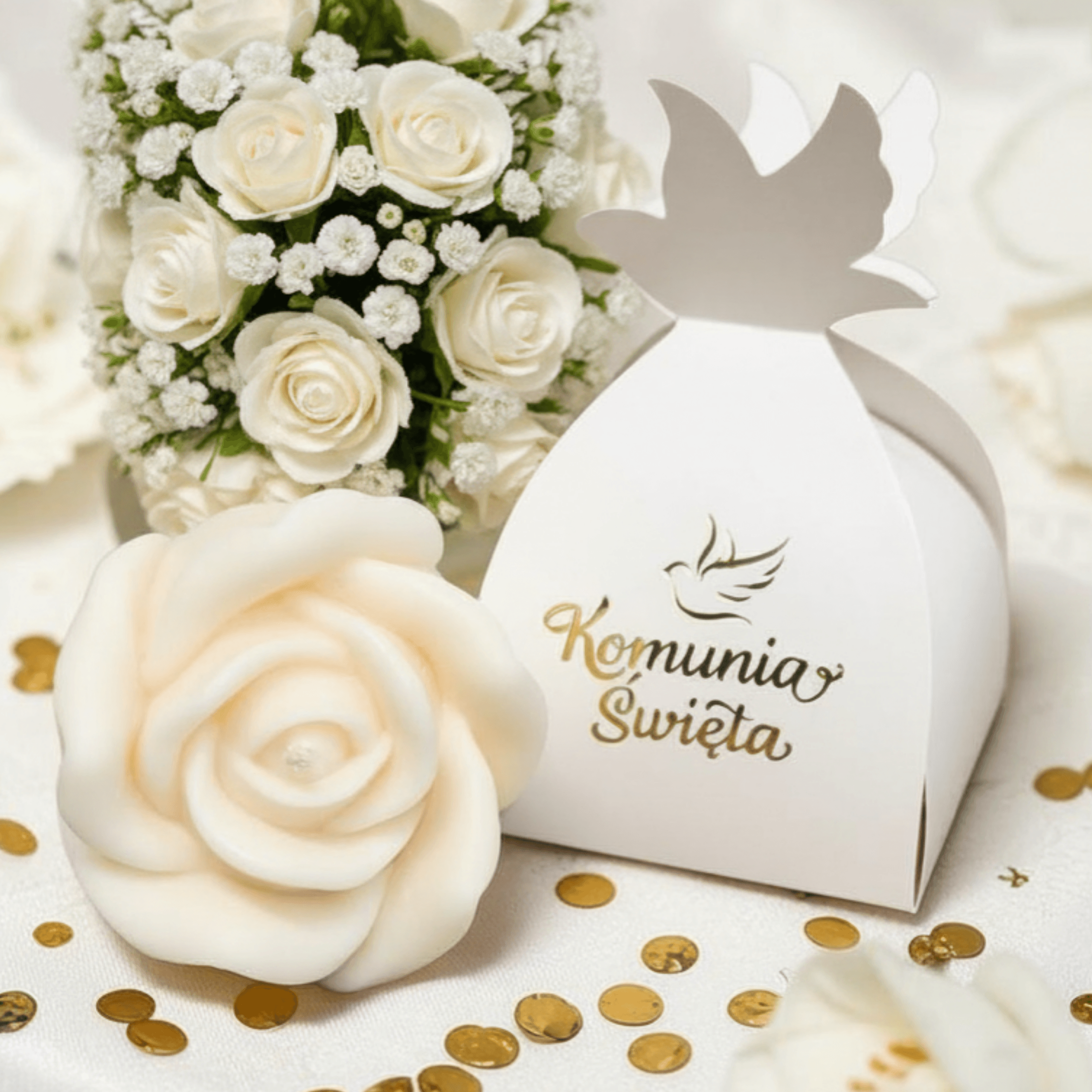 Świeca sojowa Róża w pudełeczku komunijnym
