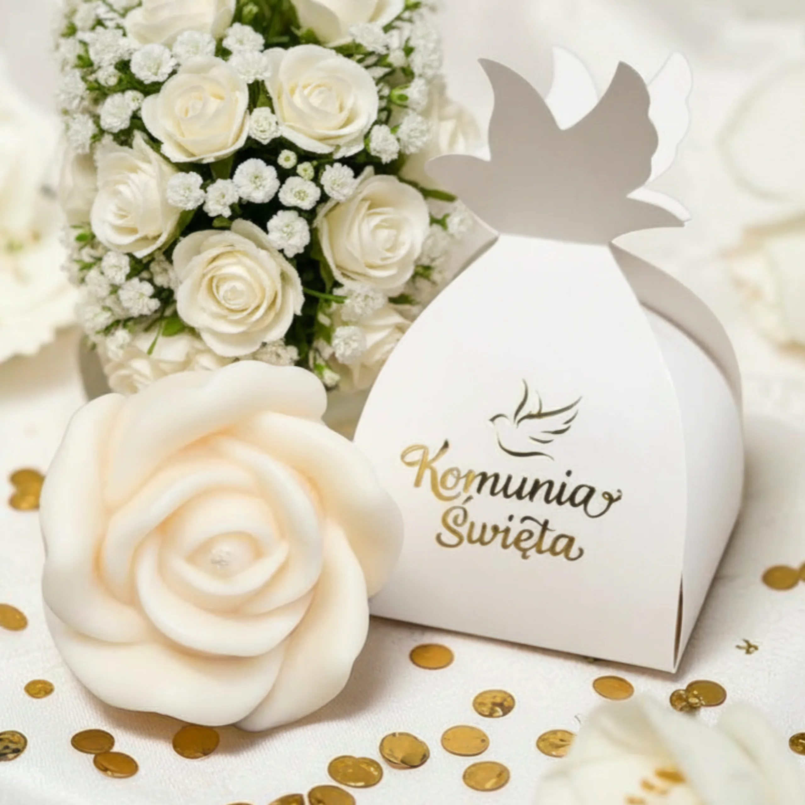 Świeca sojowa Róża w pudełeczku komunijnym